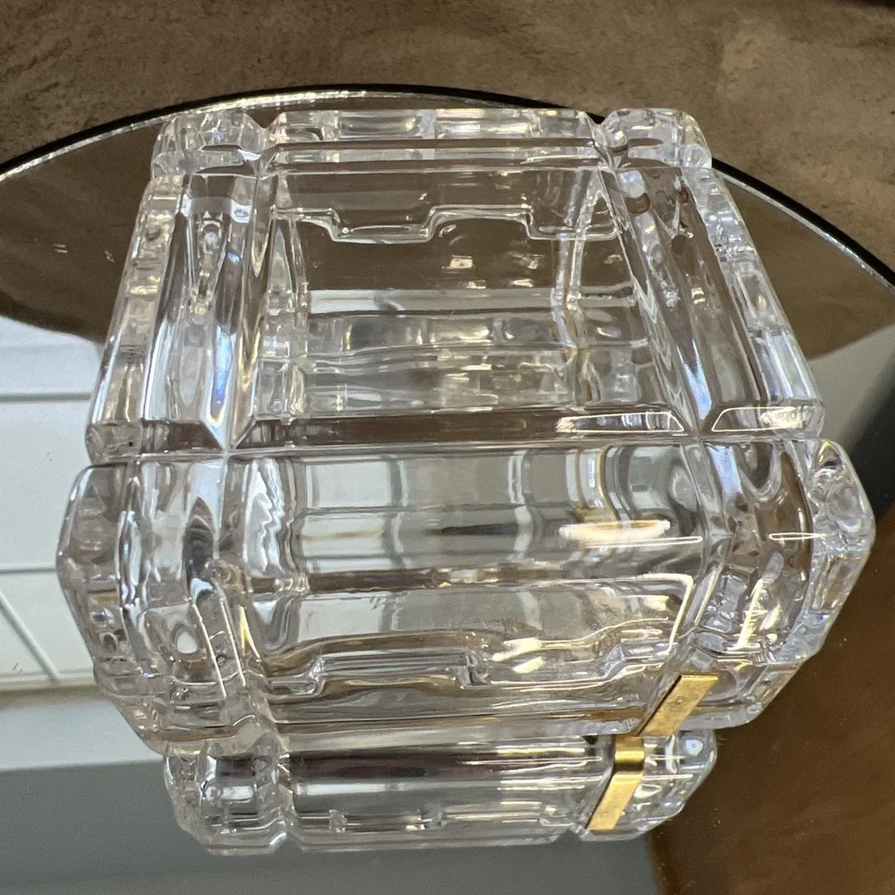 Vintage Glass Cut Jewelry Trinket Box With Gold Bow‎ On Top. Made in Italy